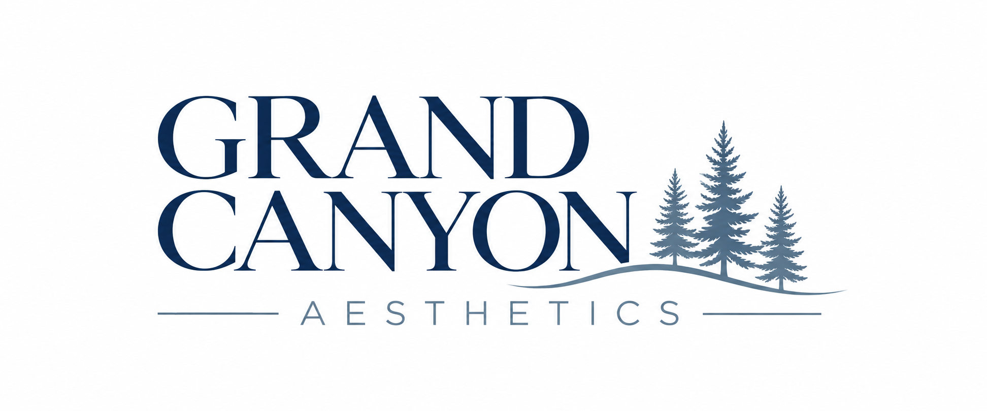 Grand Canyon Aesthetics — navy lettering and blue-gray pine trees